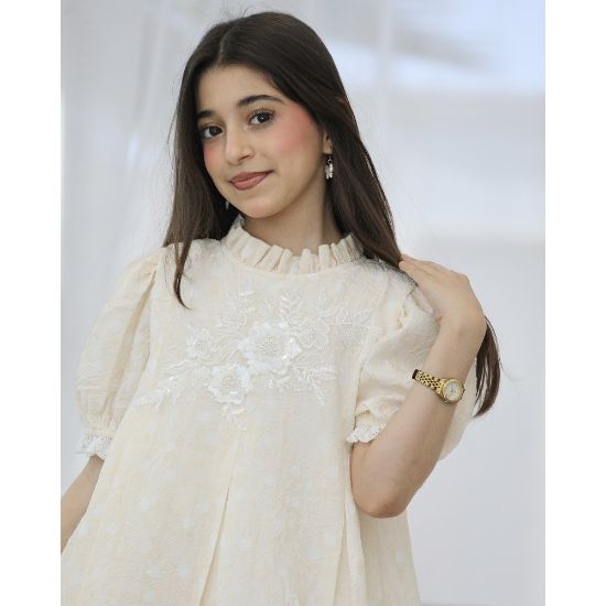 صورة فستان بناتي سكري مطرز بالورود وياقة كشكشة | تصميم كلوش كسرات - kj2105